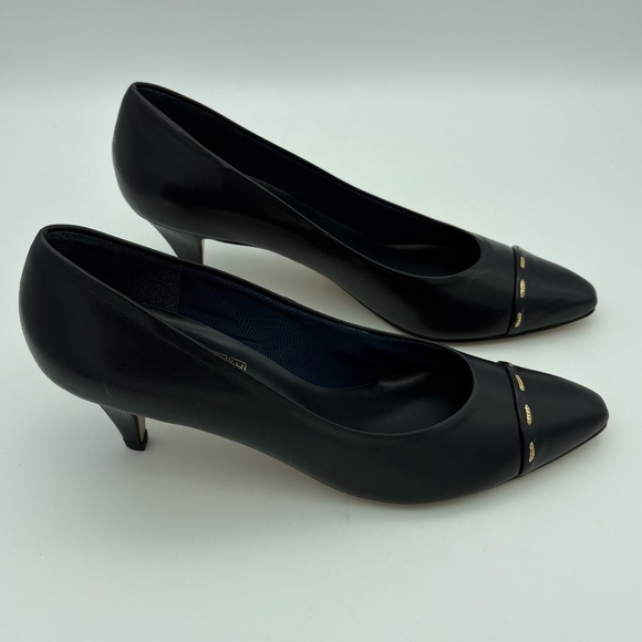Joyce Vintage Dark Navy Kidskin Leather Pointed Toe Heels with Gold Toe Accent - Picture 8 of 15